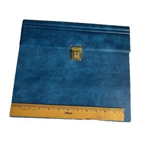 Vintage Blue Leather Plastic Folio Brief File Folder Expanding Accordion Case